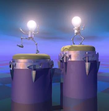 Light bulb figures dancing on a bongo drum at night Stock Illustration