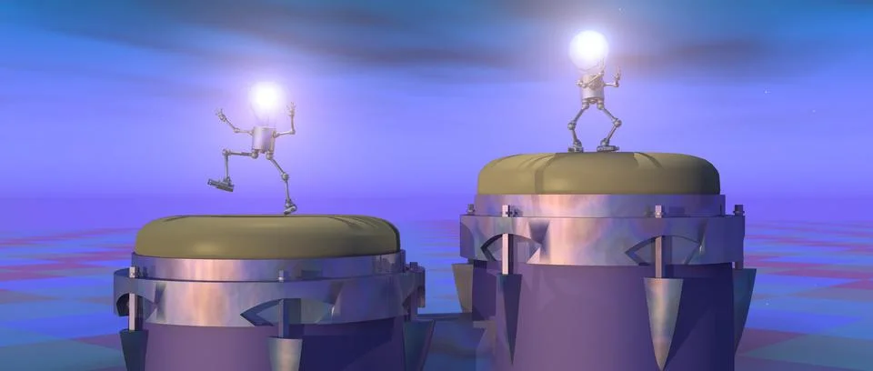 Light bulb figures dancing on a bongo drum at night Stock Illustration