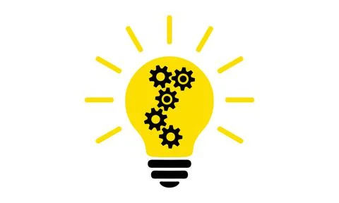Light bulb flat icon. Lighting electric lamp with cog and gear wheels inside Stock Illustration