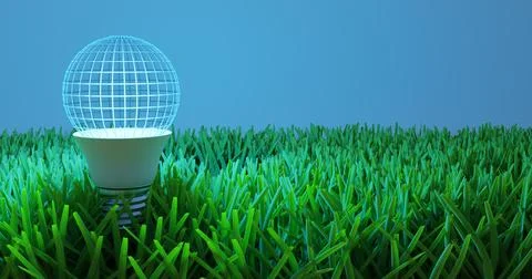 Light bulb frame planet sphere on the lawn. Ecology green energy. Illustrazione stock