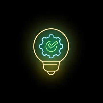 Light bulb with gear and check mark neon icon Stock Illustration