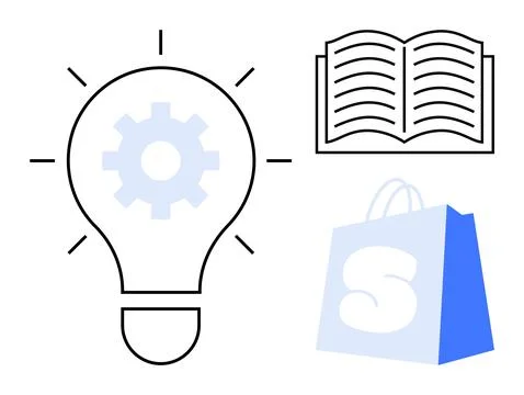 Light Bulb with Gear, Open Book, and Shopping Bag Vector Stock Illustration