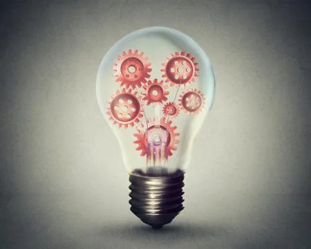 Light bulb with gears and cogs working together on gray wall background Stock Illustration