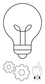 Light bulb with gears and hand pointing to button, symbolizing innovation, cr Stock Illustration
