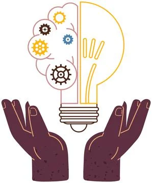 Light bulb with gears between hands. Creation of new idea, problem solving 스톡 일러스트