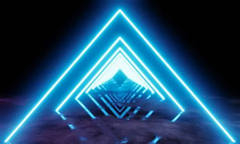 Light bulb, glow, triangular shape, on surface with watery reflection. Tech.. Stock Photos