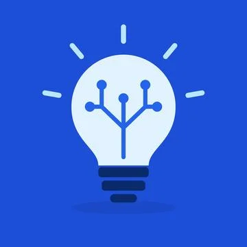 Light bulb with glowing rays and circuit tree branches on blue background, flat Stock Illustration