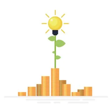 Light bulb growing from big stack of gold coins Illustrazione stock