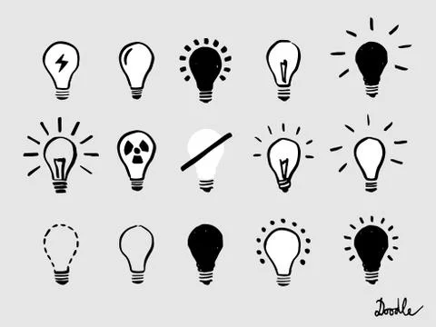 Light Bulb Hand Drawn Vector Set Doodle Icon Grey Stock Illustration