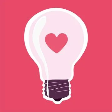 Light Bulb with Heart inside, Vector Sticker. Isolated Flat or Cartoon illust Stock Illustration