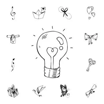Light bulb, hearts flat vector icon in valentine sketch pack Stock Illustration