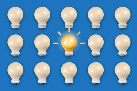 Light Bulb Icon Line, in 3D. One bulb lights up, and another goes out. Uniq.. Stock Illustration