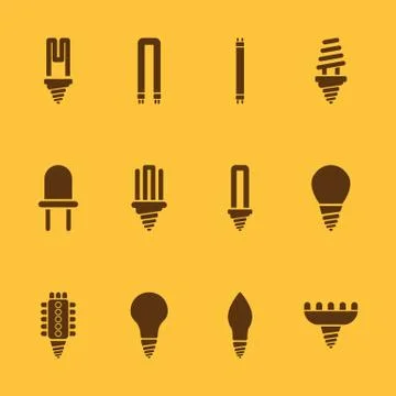 The light bulb icon, set of 12 icons. Lamp and bulb, lightbulb symbol.UI. Web Stock Illustration