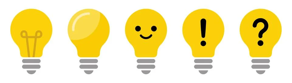 Light bulb icon set with question, exclamation mark and smiley face. Idea c.. Stock Illustration