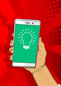 Light Bulb icon on Smartphone screen. Cartoon vector illustrated mobile phone Stock Illustration