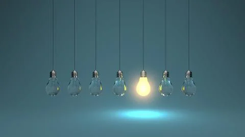 Light bulb idea. 3d render light bulb shines next to the extinguished ones. L Stock Illustration