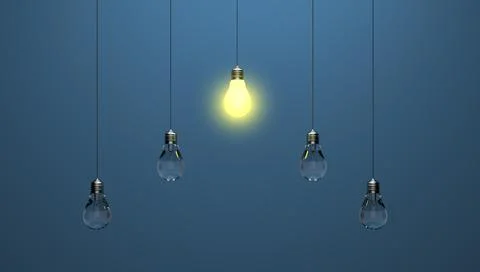 Light bulb idea. 3d render light bulb shines next to the extinguished ones. L Stock Illustration