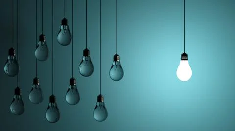 Light bulb idea. 3d render light bulb shines next to the extinguished ones Stock Illustration