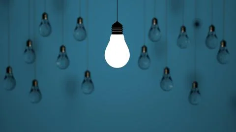 Light bulb idea. 3d render light bulb shines next to the extinguished ones Stock Illustration