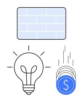 Light Bulb Idea with Brick Wall and Falling Coins in Minimalist Design Stock Illustration