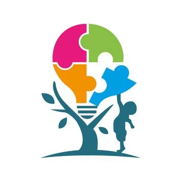Light bulb idea concept. Hand putting one colorful jigsaw puzzle piece to collec Illustrazione stock