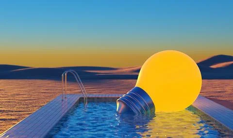 Light bulb idea concept relax in pool, desert background, 3D rendering Stock Illustration