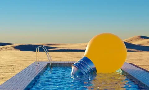 Light bulb idea concept relax in pool, desert background, 3D rendering Stock Illustration