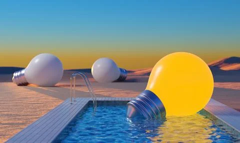Light bulb idea concept relax in pool, desert background, 3D rendering Stock Illustration