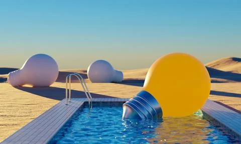 Light bulb idea concept relax in pool, hot weather desert background, 3D re.. Stock Illustration