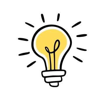 Light bulb idea rays shine Doodle Cartoon Flat style. Hand drawn Symbol Stock Illustration