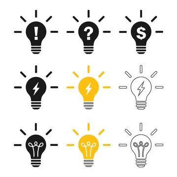 Light bulb idea vector icons set with question exclamation mark and dollar 스톡 일러스트