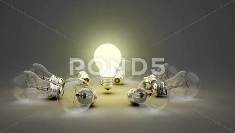 Light bulb illuminating others lying unlit on background Stock Illustration