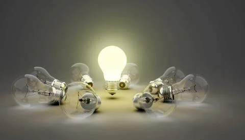 Light bulb illuminating others lying unlit on background Stock Illustration