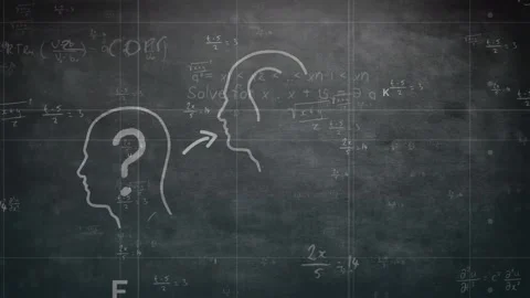 Light bulb inside human head model over grid network against mathematical Video stock 157192072