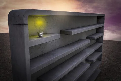 Light bulb inside a maze at sunset magenta sky demonstrating idea is complica Stock-Illustration