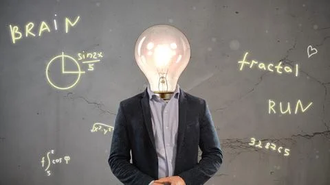 Light bulb instead in head. Having idea. Brainstorm Foto stock