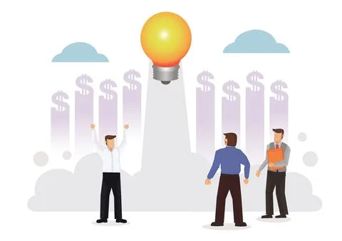 Light bulb launching to space on white background surrounded by businessmen Stock Illustration