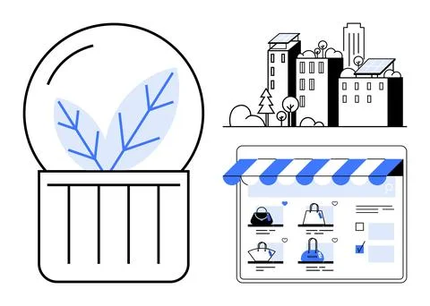 Light bulb with leaf design, green buildings with solar panels, and tablet di Ilustración de archivo