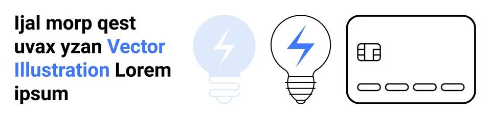 Light bulb with lightning bolt icon, text in black and blue, credit card outl Stock Illustration