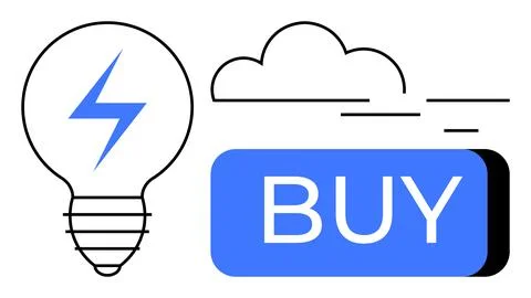 Light bulb with lightning bolt symbol, cloud shape, and blue Buy button. Idea Illustrazione stock