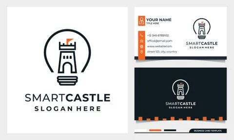 Light Bulb with line Castle Logo Design, Smart Castle Vector with business card Illustrazione stock