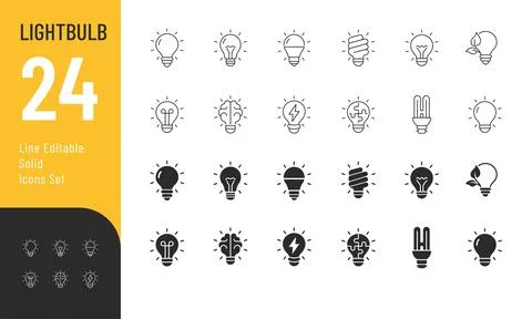 Light Bulb Line Editable and Glyph Solid Icons set. Stock Illustration