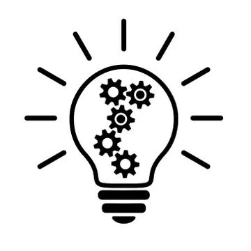 Light Bulb Linear Flat Icon. Lighting Electric Lamp With Cog And Gear Wheels Stock Illustration