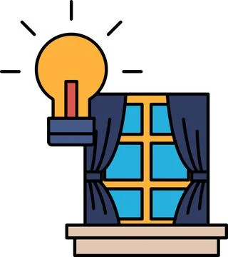 A light bulb is lit up and is above a window with curtains Ilustração Stock