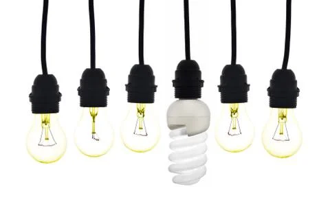A light bulb with low consumption light bulbs hanging between Stock Photos