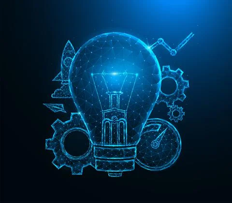 Light bulb low poly art. Light bulb idea, gears, speedometer, rocket and anal Stock Illustration