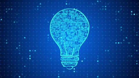 Light bulb made of glowing circuit board with moving electrons on cyberspace Video stock 246007021