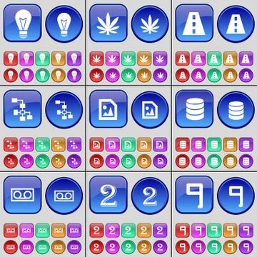 Light bulb, Marijuana, Road, Network, Media file, Database, Cassette, Two, Nine. Stock Illustration