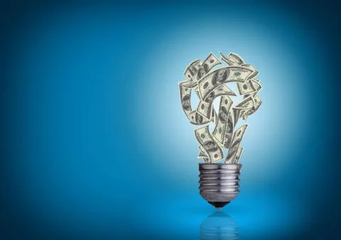Light bulb with money banknotes inside it on blue background Stock Illustration