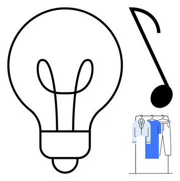 Light Bulb, Musical Note, and Clothing Rack Icon Combination Suggesting Cre.. Stock Illustration
